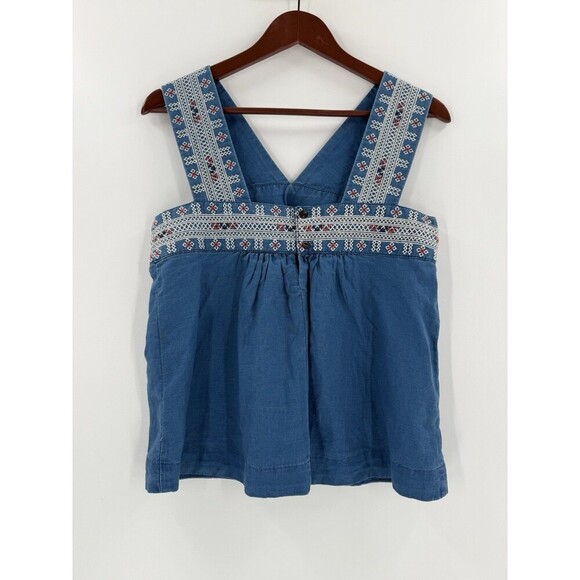 Madewell Embroidered Siesta Linen Blend Chambray Blue Smock Tank Top Size 4 EUC - Picture 4 of 13
